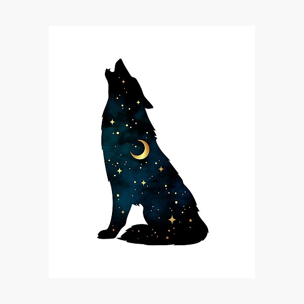 Wolf Silhouette with Stars and Moon Photographic Print