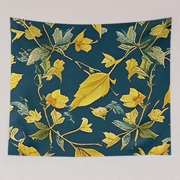 Item preview, Yellow Leaves and Van Gogh Style Flowers against Rich Blue Green Background Pattern designed and sold by sunflowerlight.