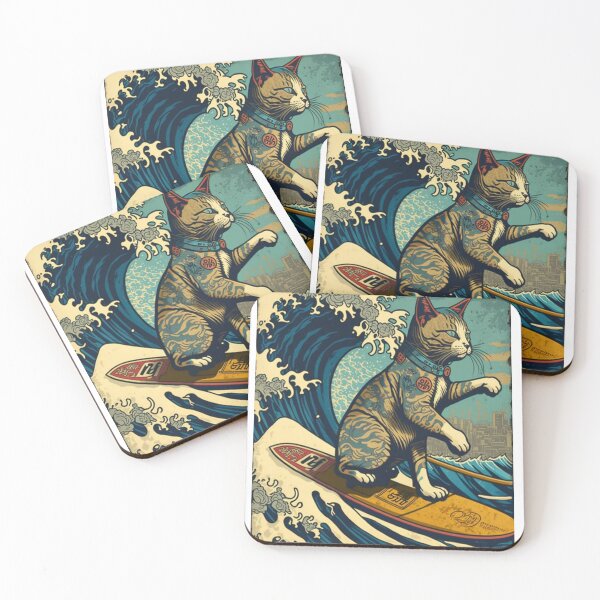 Item preview, Neko Surfer Cat, Great Wave designed and sold by MANGA Crusade.
