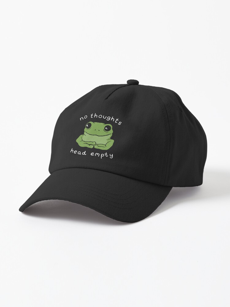 Thumbnail 1 of 7, Cap, No Thoughts Head Empty Frog Meme: A Cute Mental Health Aesthetic with a Sad Big Eyed Kawaii Toad as a Green Froggy Face designed and sold by MinistryOfFrogs.