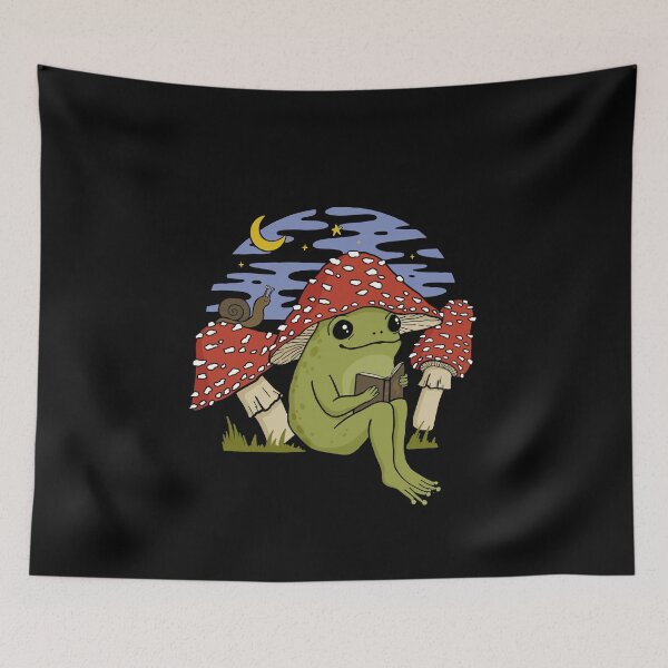 Item preview, Cute Cottagecore Frog in Mushroom Hat Reading a Book: A Goblincore Toad Bookworm with Snail and Toadstool Features Enjoying a Night Sky in a Fairycore Psychedelic Vintage Setting designed and sold by MinistryOfFrogs.