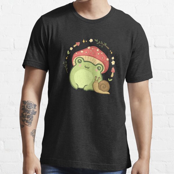 Super Cute Kawaii Frog with Toadstool Mushroom Hat Snail - Cottagecore Aesthetic Forggy Mushrooms - Amanita Muscaria Lover - Edgy Kidcore Chubby Frogge Art Essential T-Shirt