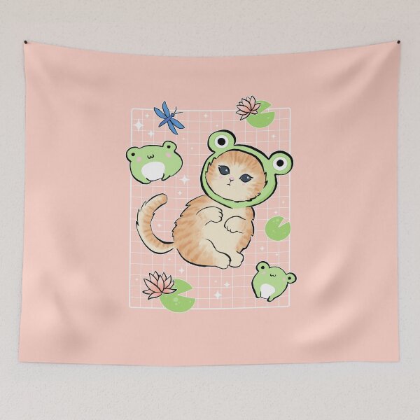 Item preview, Japanese Retro 90s Cottagecore Kawaii Toads and Cat in Frog Hat: A Funny Frog Kitten Costume and Orange Cat Frog designed and sold by MinistryOfFrogs.