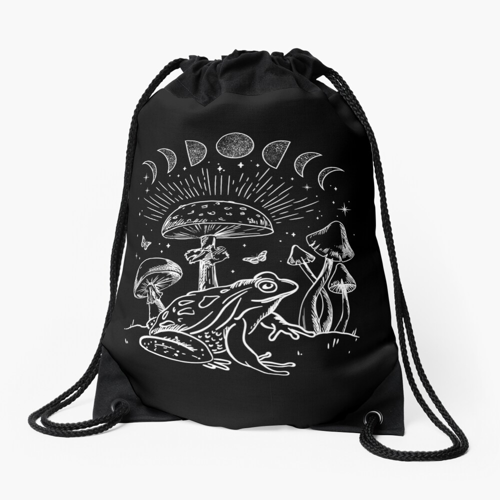 Frog Under Mushroom Dark Academia Cottagecore Aesthetic Goth Mystical - Edgy Alternative Look - Fungi Butterfly Toad In Forest Themed Psychedelic Nature - Gardencore Witchy Vibes Drawstring Bag