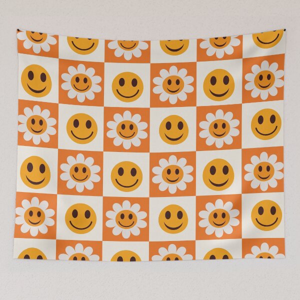 Item preview,   Checkered Smiling flowers and Happy faces  on orange and white squares  designed and sold by Yasminepatterns .