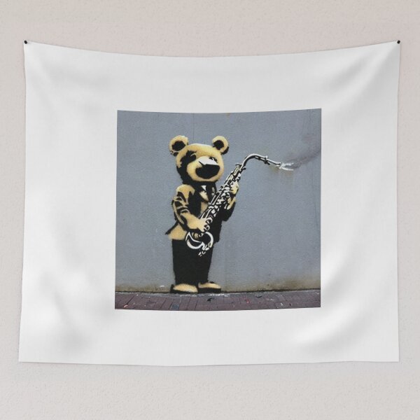 Item preview, Musician Teddy Bear playing drums | Banksy-inspired original street art stencil mural designed and sold by ArtworkbyEmmy.