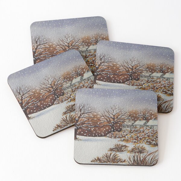 Item preview, painting of snow snow covered trees and cottages winter snow scene   designed and sold by pollywolly.
