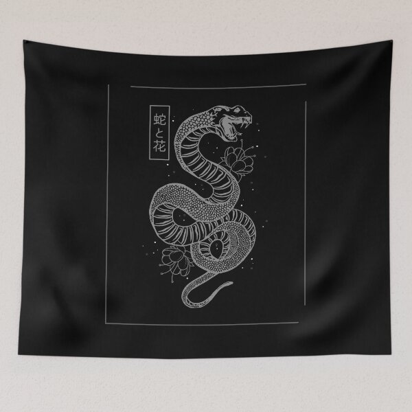 Item preview, Gray Japanese Snake Line Art Floral Animal Drawing designed and sold by SnazzyStyles.