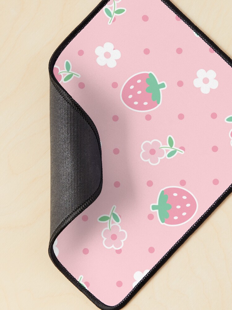 "Strawberries Pink Flowers Dots Kawaii Cute Pastel" Mouse Pad for Sale