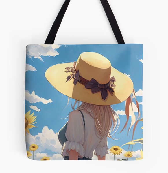 Anime girl with a straw hat in a sunflower field Art Board Print