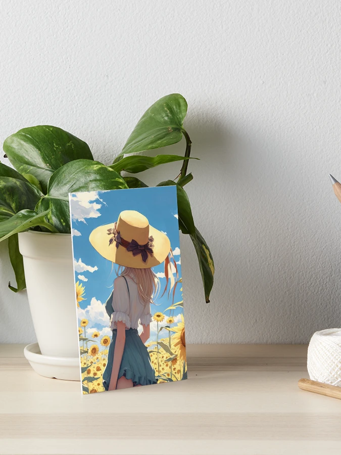 Anime girl with a straw hat in a sunflower field Tote Bag for