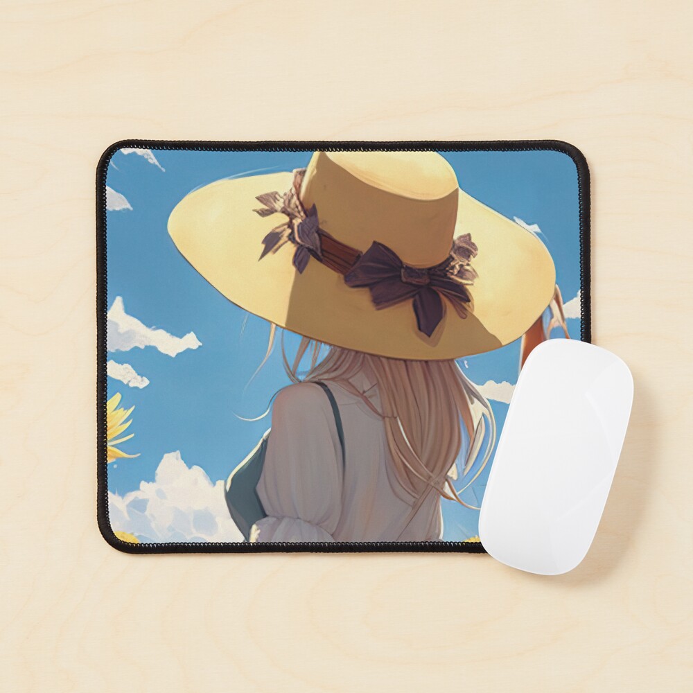 Anime girl with a straw hat in a sunflower field Art Board Print