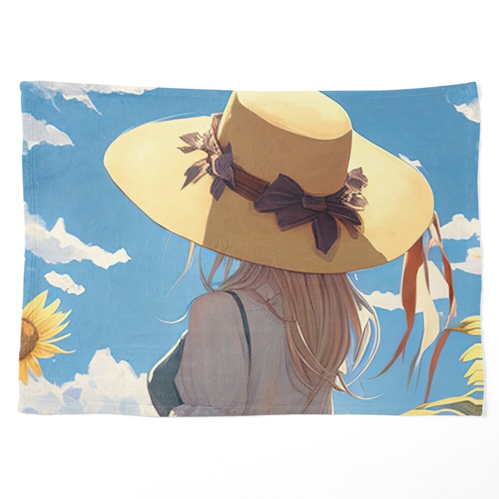 Anime girl with a straw hat in a sunflower field Poster for Sale