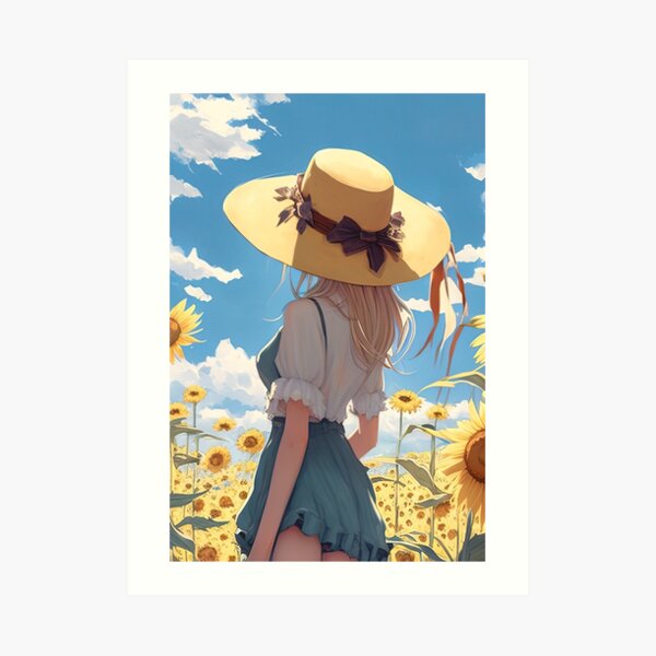 Anime girl with a straw hat in a sunflower field Tote Bag for