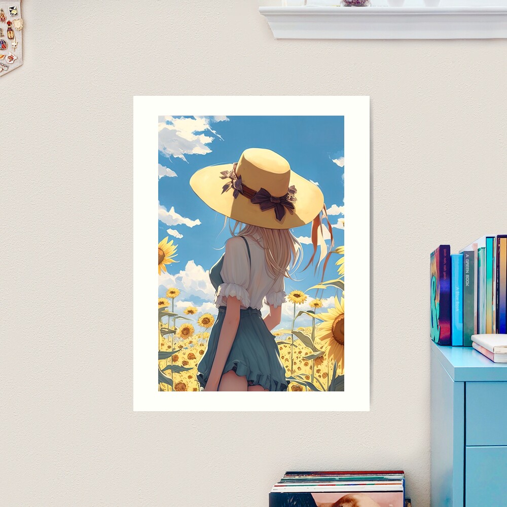 Anime girl with a straw hat in a sunflower field Tote Bag for