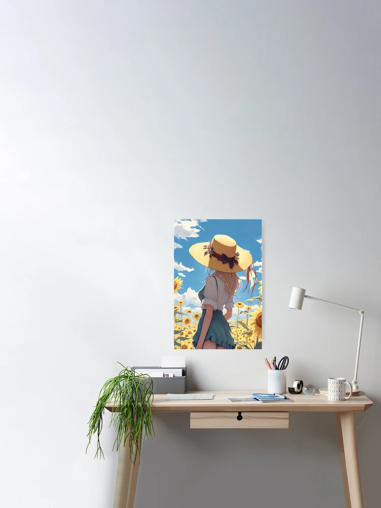 Anime girl with a straw hat in a sunflower field Art Board Print