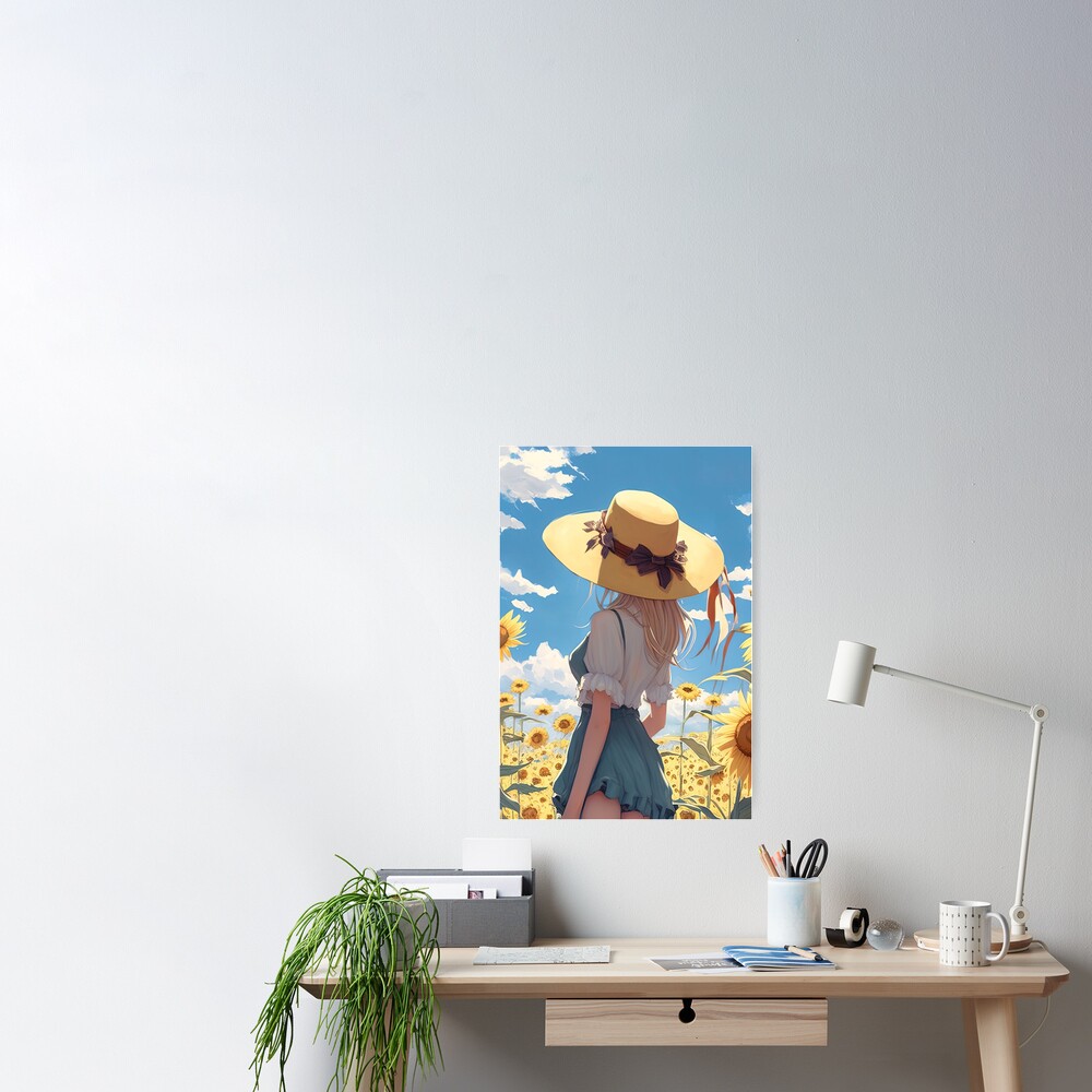 Anime girl with a straw hat in a sunflower field Tote Bag for