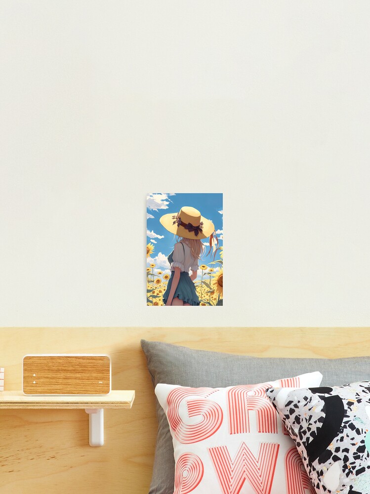 Anime girl with a straw hat in a sunflower field Poster for Sale by Remco  Kouw