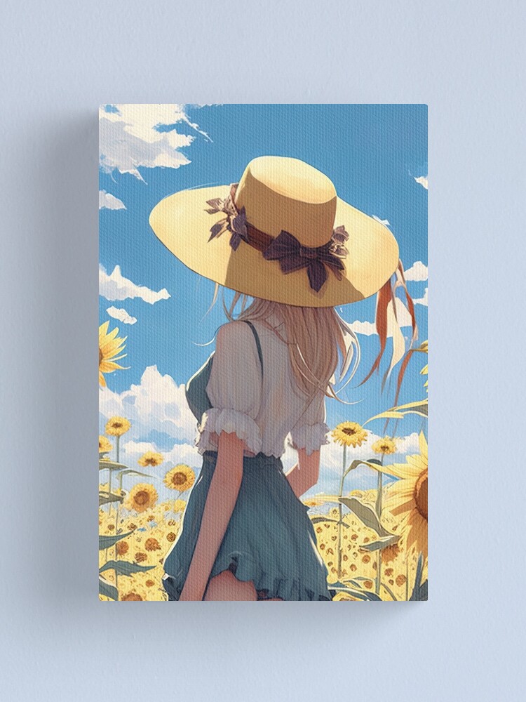 Anime girl with a straw hat in a sunflower field Poster for Sale by Remco  Kouw