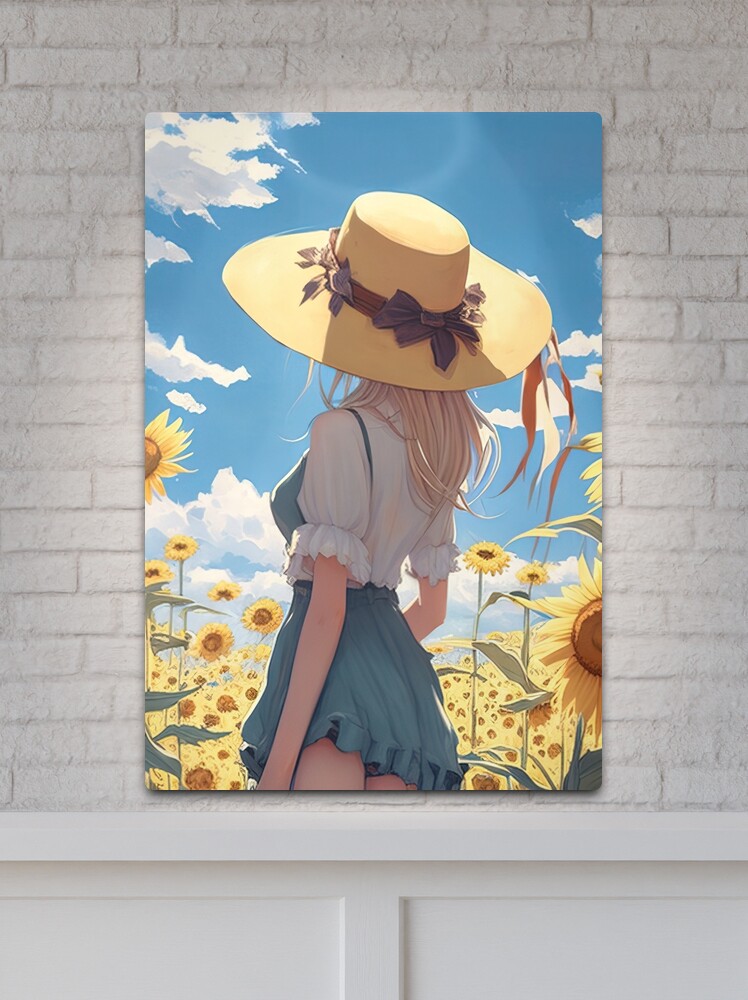 Anime girl with a straw hat in a sunflower field Tote Bag for