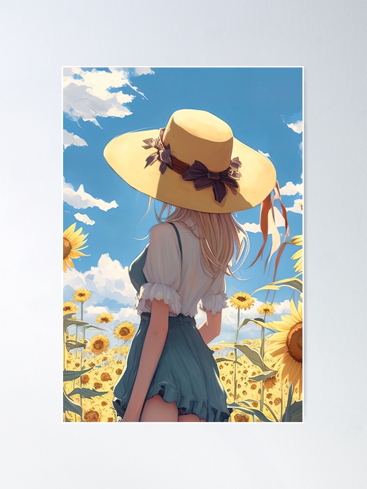 Cute Anime Girl in a Hat on a Background of Sunflowers and Sky Stock Vector  - Illustration of artwork, child: 227737898