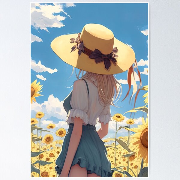 Anime girl with a straw hat in a sunflower field Poster for Sale by Remco  Kouw