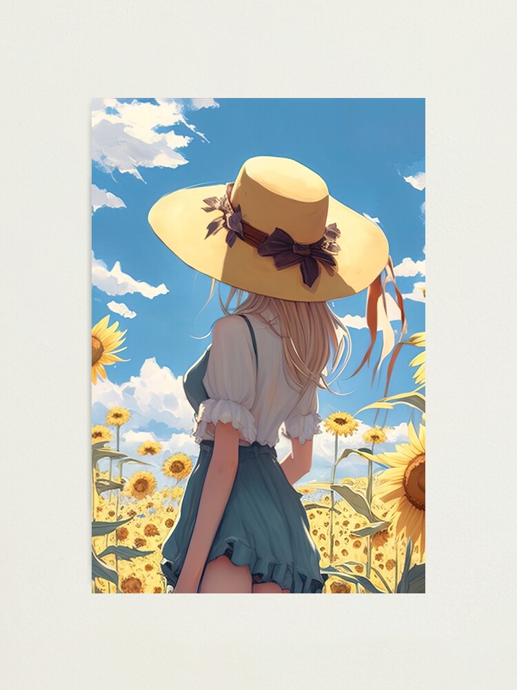 anime girl wearing straw hat holding a sunflower