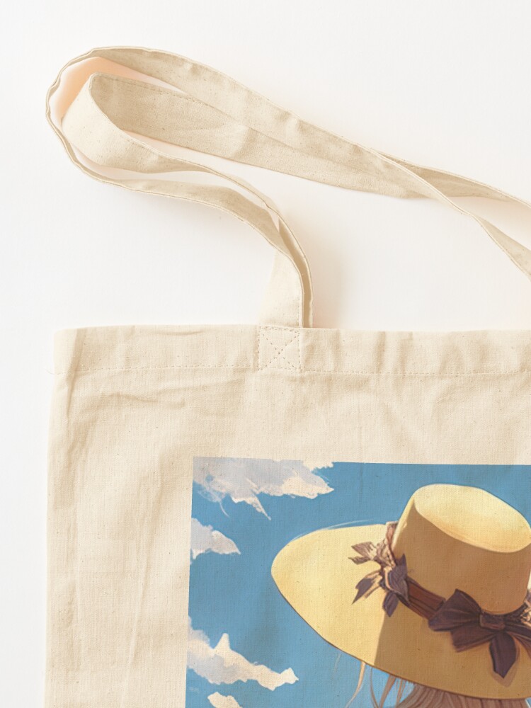 Anime girl with a straw hat in a sunflower field Tote Bag for