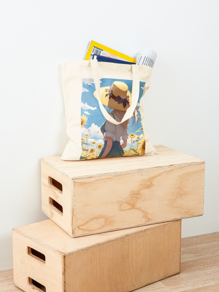 Anime girl with a straw hat in a sunflower field Tote Bag for