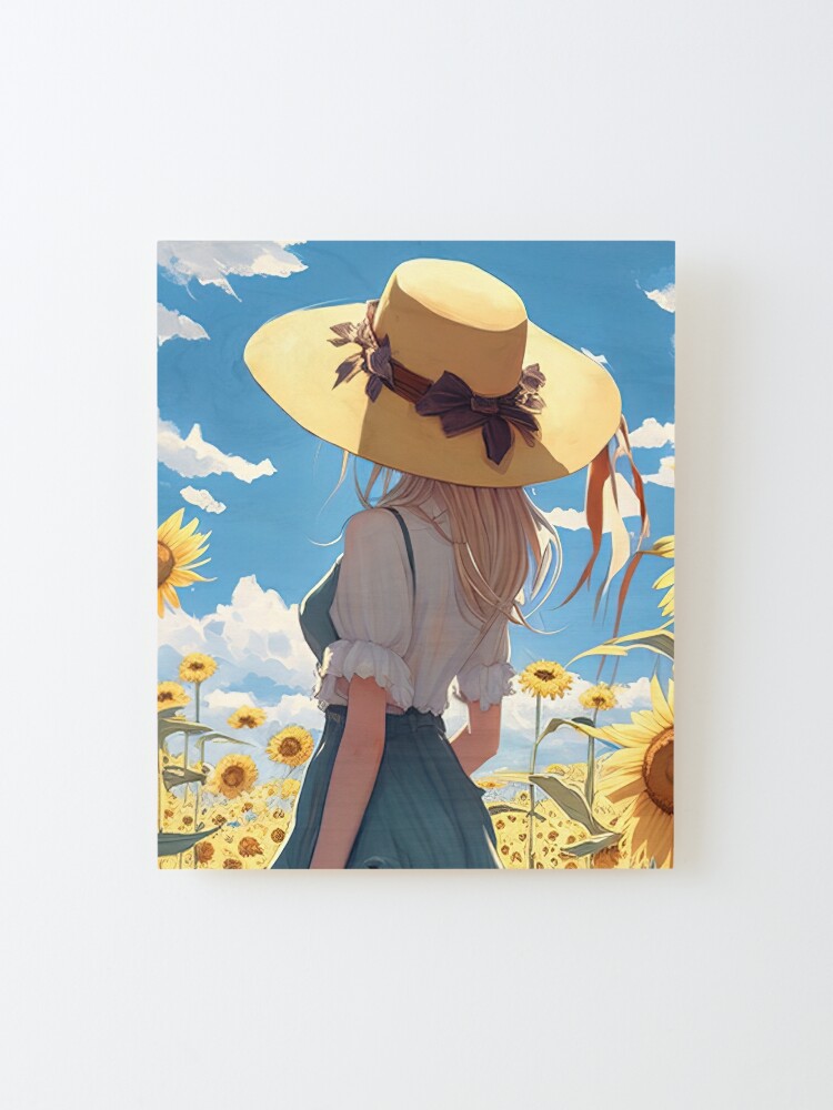 Anime girl with a straw hat in a sunflower field Tote Bag for