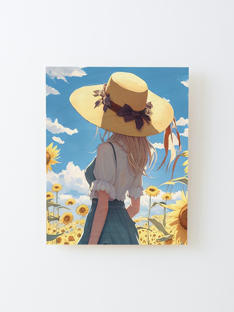 Anime girl with a straw hat in a sunflower field Art Board Print