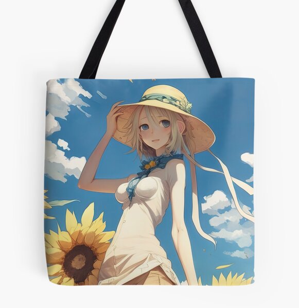 Anime girl with a straw hat in a sunflower field Tote Bag for