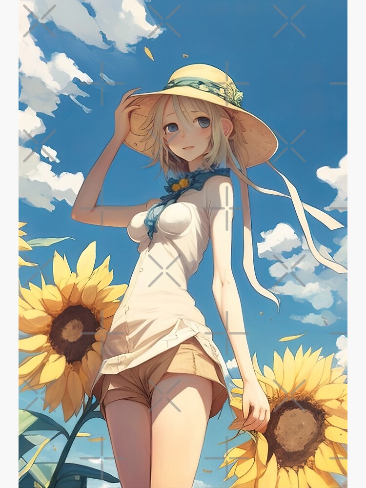 Anime girl in a field with sunflowers Royalty Free Vector