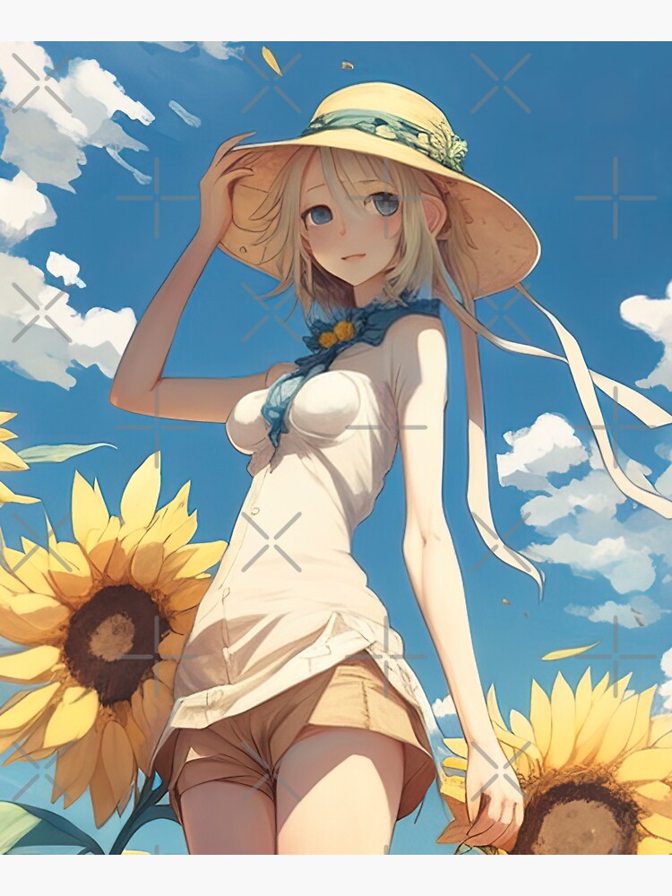 Anime girl with a straw hat in a sunflower field Tote Bag for