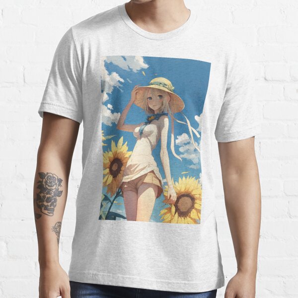 Anime girl with a straw hat in a sunflower field Art Board Print