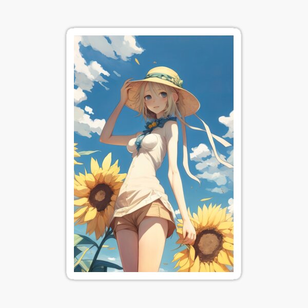 Anime girl with a straw hat in a sunflower field Tote Bag for