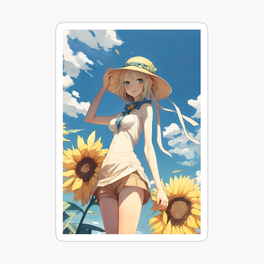Cute Anime Girl in a Hat on a Background of Sunflowers and Sky