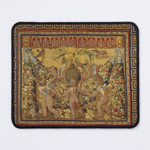 Item preview, Six Putti Dancing Around a Globe and a Palm ,Gold Yellow Brown Floral Renaissance Tapestry designed and sold by BulganLumini.