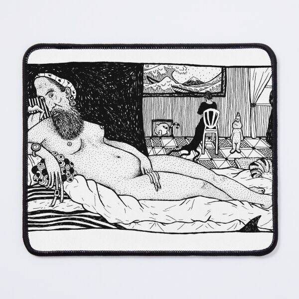 Item preview, titian of urbino renaissance parody reclining nude fineliner monochrome drawing illustration designed and sold by Wodlingtown.