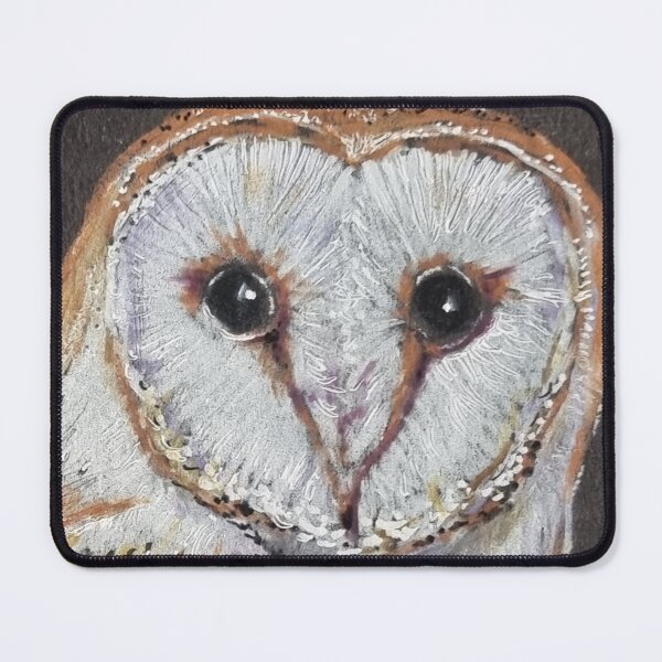 Item preview, A Barn Owl drawing on a black background designed and sold by suespaintroom.