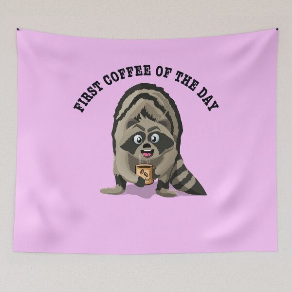 Item preview, First coffee of the day buzzing Coffee raccoon  designed and sold by TipTopTapo.