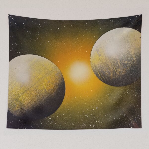 Item preview, Spray paint art yellow planets with glow designed and sold by WoodRocksArt.