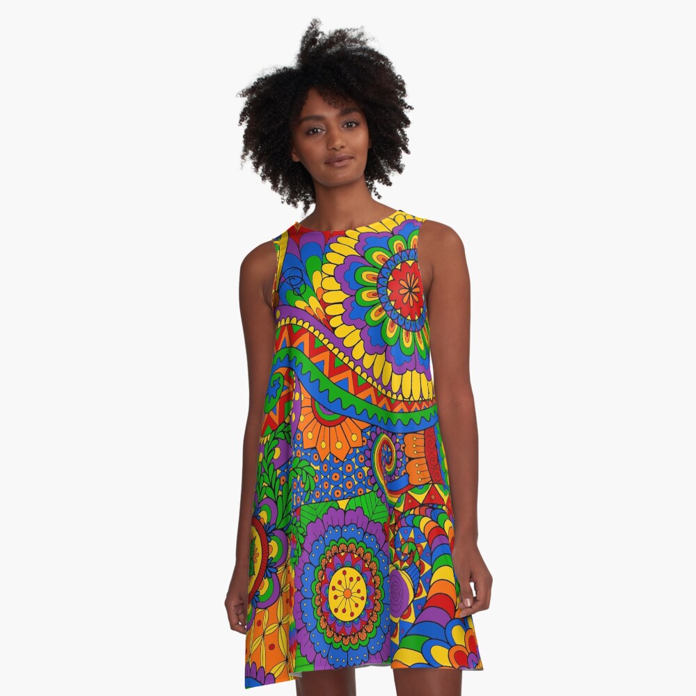 Happy Hippy Psychedelic Rainbow Design A-Line Dress