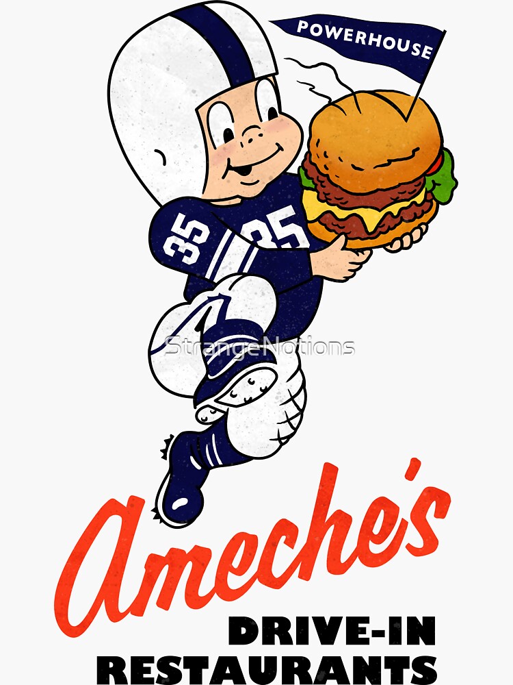 "Ameche's DriveIn Logo with Football Player Mascot" Sticker for Sale