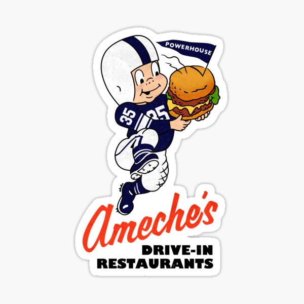"Ameche's DriveIn Logo with Football Player Mascot" Sticker for Sale