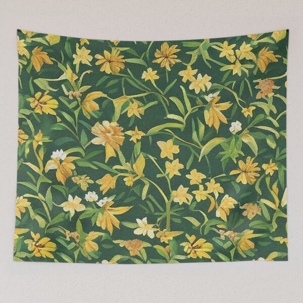 Item preview, Yellow and Orange Flowers and Blooms against Green Stems and Background Pattern designed and sold by sunflowerlight.