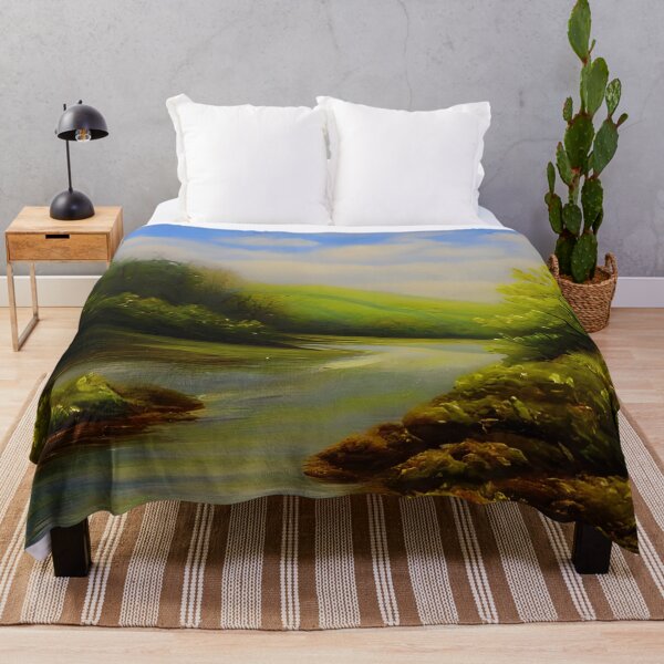Item preview, River Landscape Art, Original Green Mountain Scenery Art ,Yellow Flower Art, Green Blue Art designed and sold by viewgraphics.