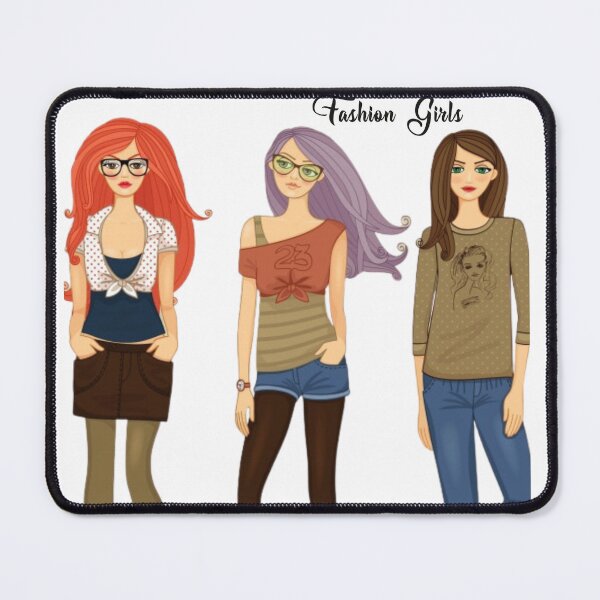 Artikelvorschau, Drei junge Modemädchen, bunte Modeillustration. Schöne Haare und Kleider. Drucke, Drucke auf kaschierter Leinwand und Poster erhältlich. entworfen und verkauft von JoelsCorner.