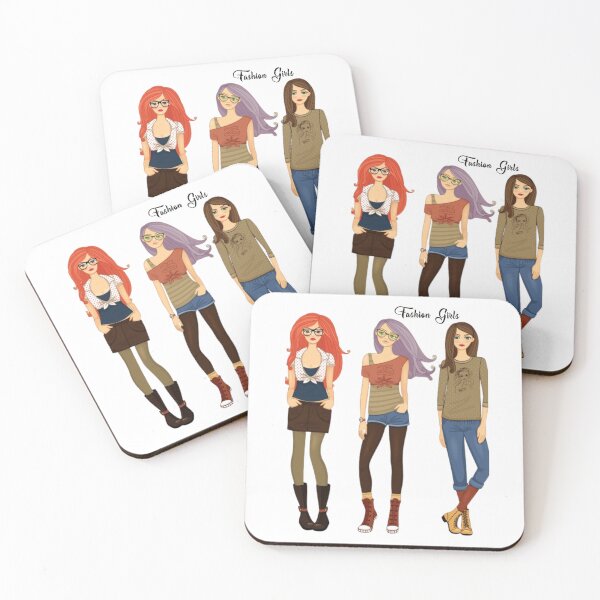 Artikelvorschau, Drei junge Modemädchen, bunte Modeillustration. Schöne Haare und Kleider. Drucke, Drucke auf kaschierter Leinwand und Poster erhältlich. entworfen und verkauft von JoelsCorner.