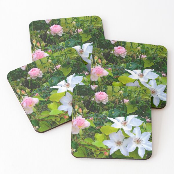 Item preview, Pale pink roses and white clematis flowers in a country garden. designed and sold by claireseyeview.